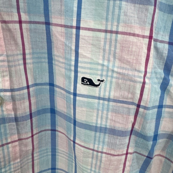 Vineyard Vines Whale Shirt Mens M Medium Blue Pink Plaid Button Down Slim Fit - Picture 3 of 8